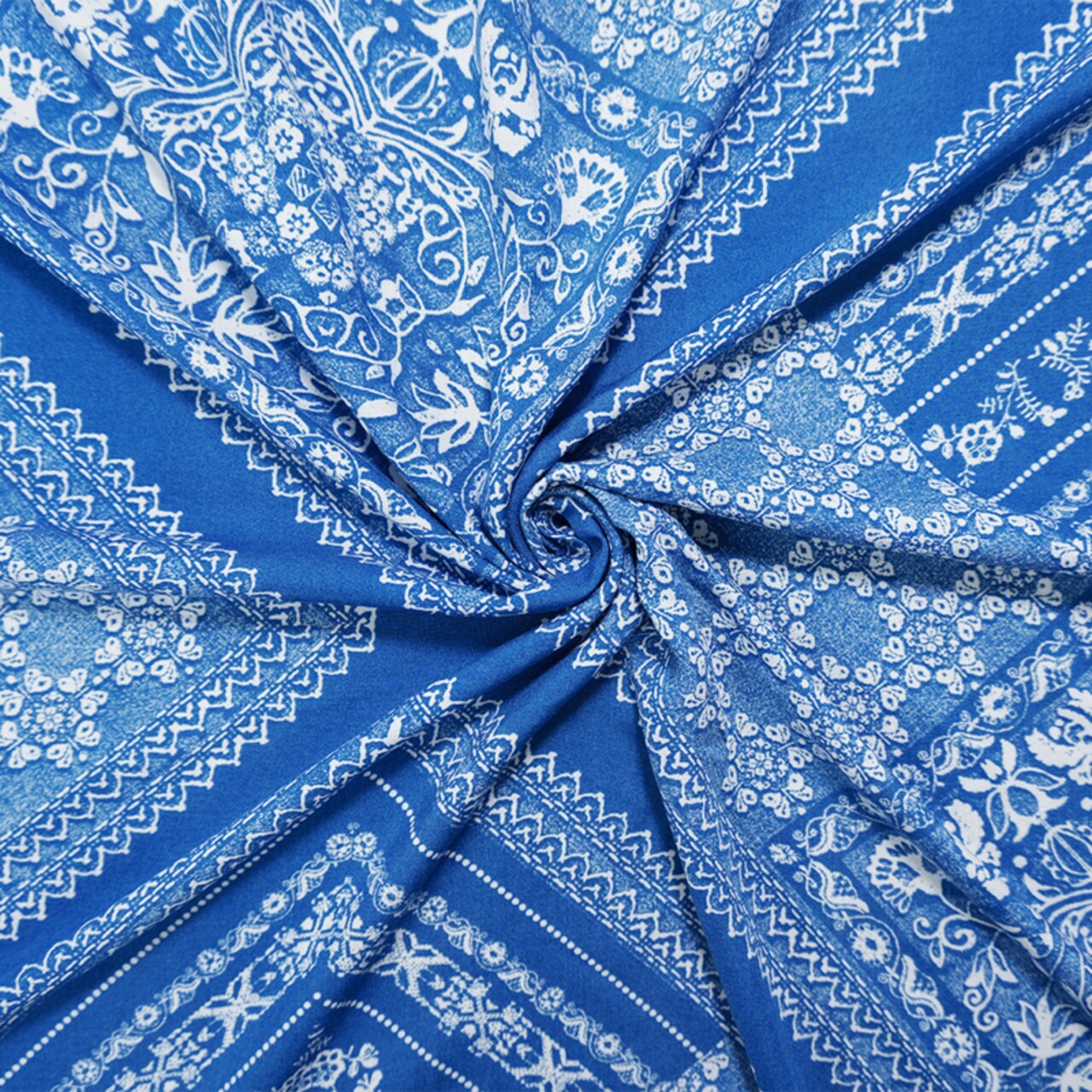Blue-Ivory Rayon Floral Bandana Printed Challis Woven Fabric By the Yard